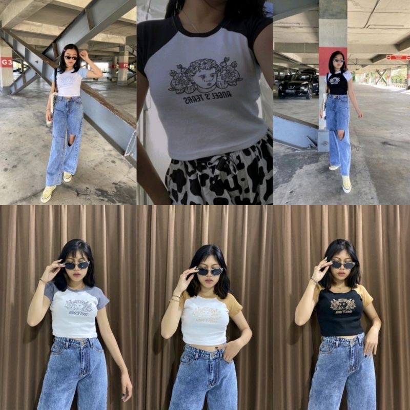 Tq88indonesia Fashion Baju  Crop Kaos Wanita Terbaru / Crop Tee Angel Tears | Crop Top Raglan / Tshirt Wanita Lengan Kimono / Baju Kasual Wanita / Baju Santai Cewek / Baju Seksi Wanita / Ootd