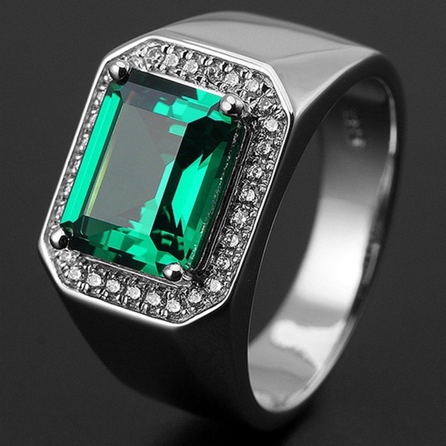 Cincin Perak Pria Sterling Silver 925 Batu Green Zamrud Emerald Cubic Zirconia Ukuran Resize