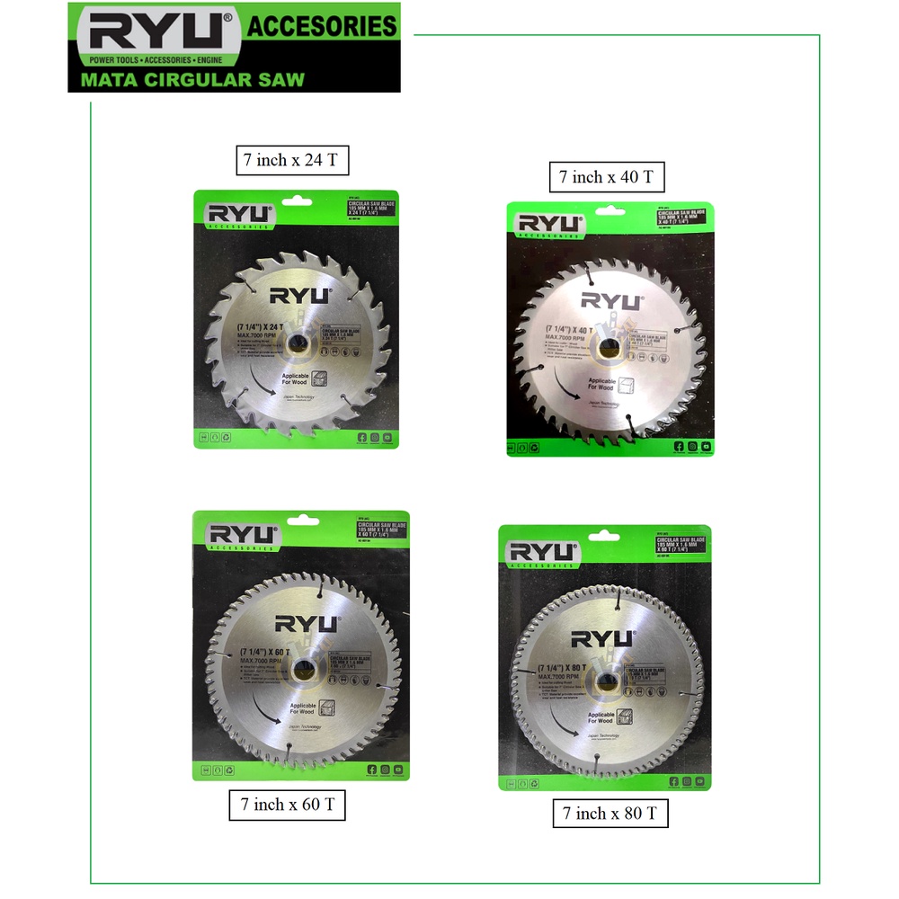 RYU Mata Circular Saw 7 inch x 24T  Mata Circle Ryu 7&quot; 7inch 7 inch x 40 T / 7 inch x 60 T / 7 inch x 80 T / Circular Saw Blade 7&quot; inch Mata Circle Mata Gergaji Putar 7 1/4&quot; X 24 T 40T 60T 80T untuk Kayu Mata Potong Gergaji Kayu TCT