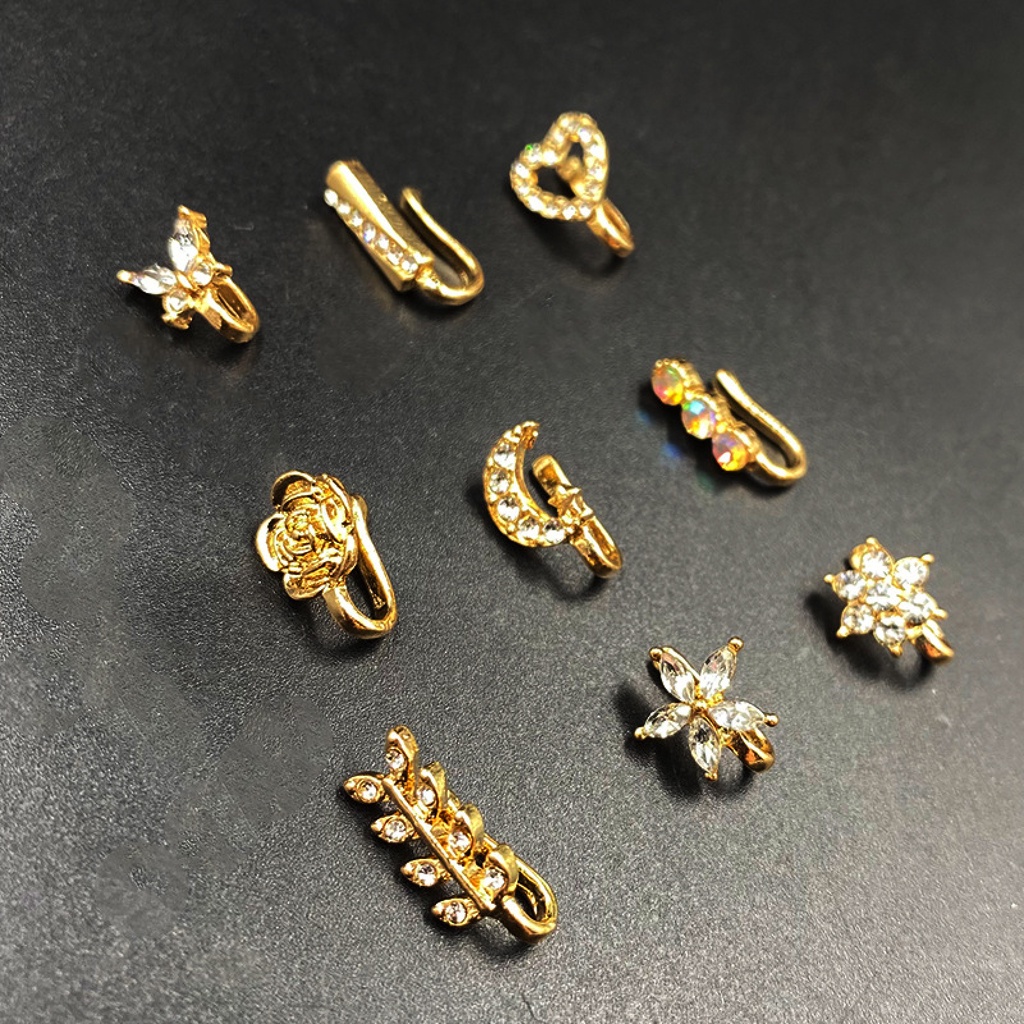 Hu Hu Hu Hu Hu Alat Bantu Pasang Kacamata♡ 9pcs Anting Stud Hidung Bentuk Bunga Bulan Aksen Berlian Imitasi Untuk Pesta