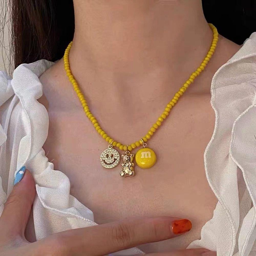 Mxbeauty Bear Klavikula Rantai Gadis Vintage M Bean Boho Kalung Wajah Senyum Gaya Korea Kalung Manik-Manik Wanita Necklace