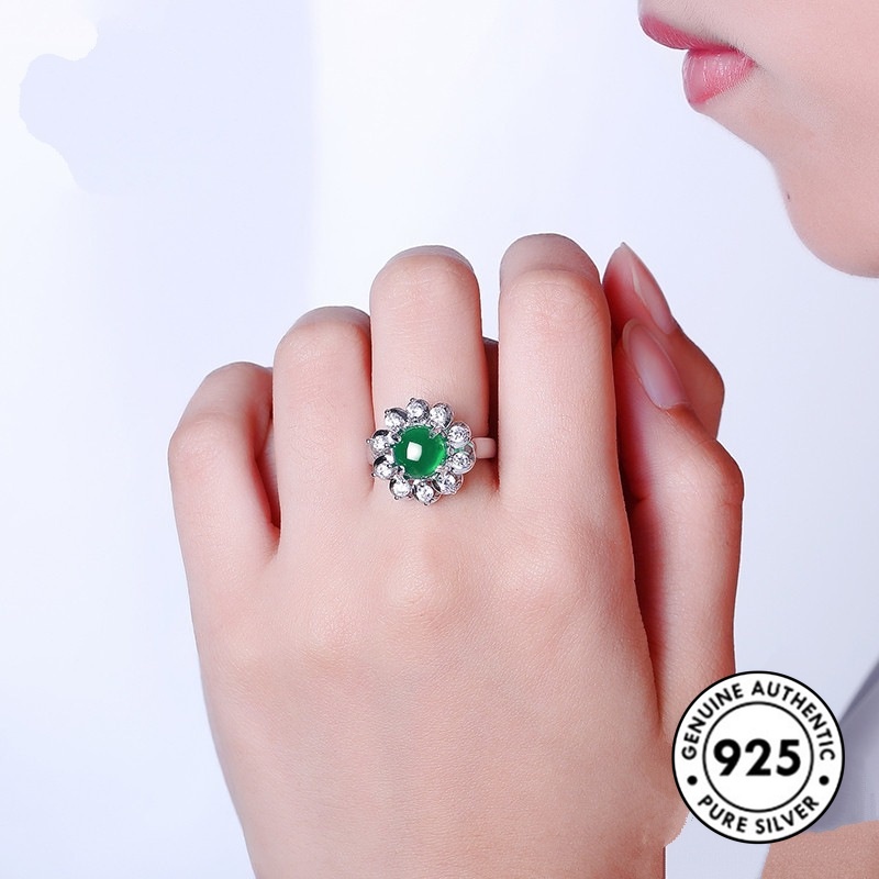 Cincin Sterling Silver 925 Elegan Dengan Batu Giok Hijau Untuk Wanita