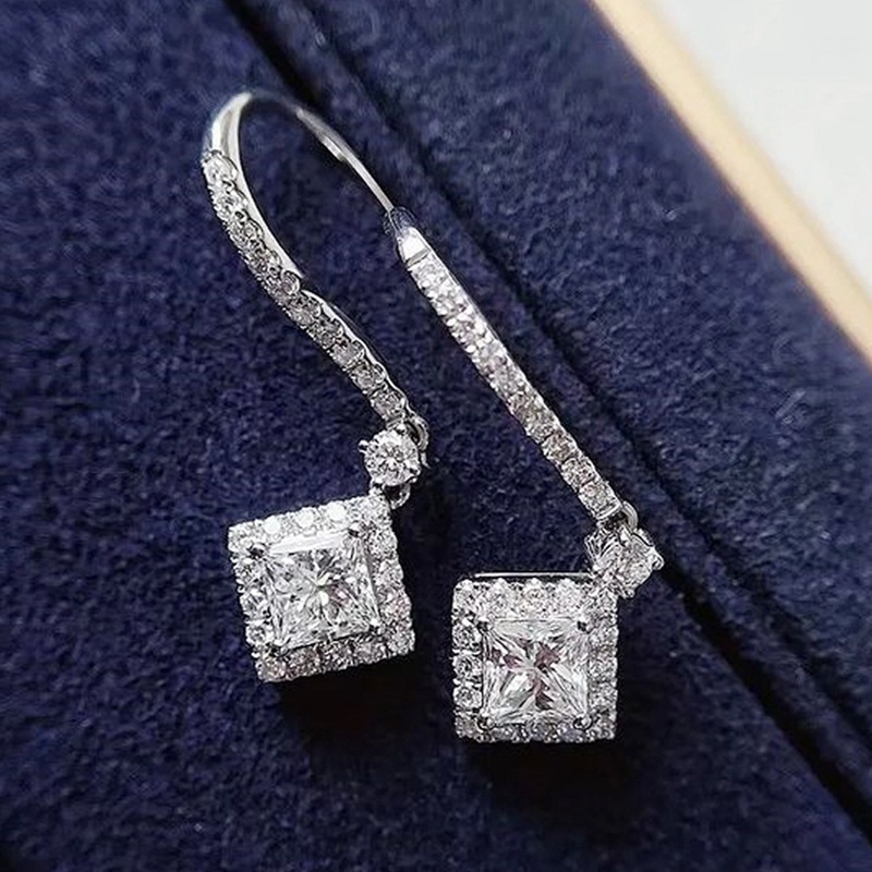 Fancyqube Anting Tusuk Gantung Desain Geometri Hias Cubic Zirconia Warna Silver Untuk Pengantin Wanita