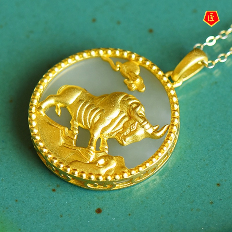 [Ready Stock]Hetian White Jade Gold Inlaid with Jade Chinese Zodiac Cow Pendant Elegant