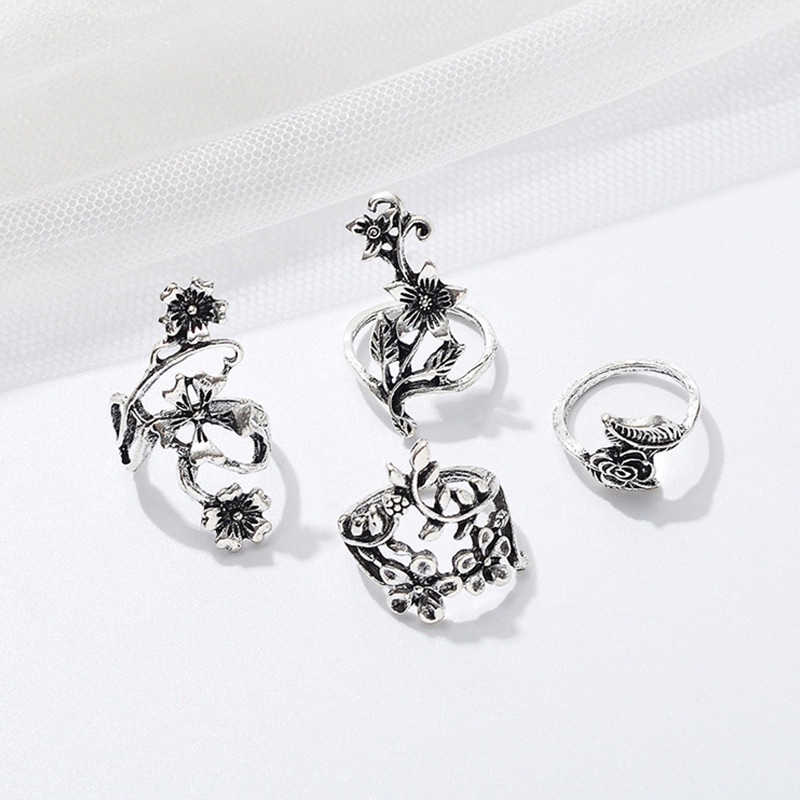 4pcs / Set Cincin Silver Antik Desain Daun Bunga Rambat Untuk Wanita