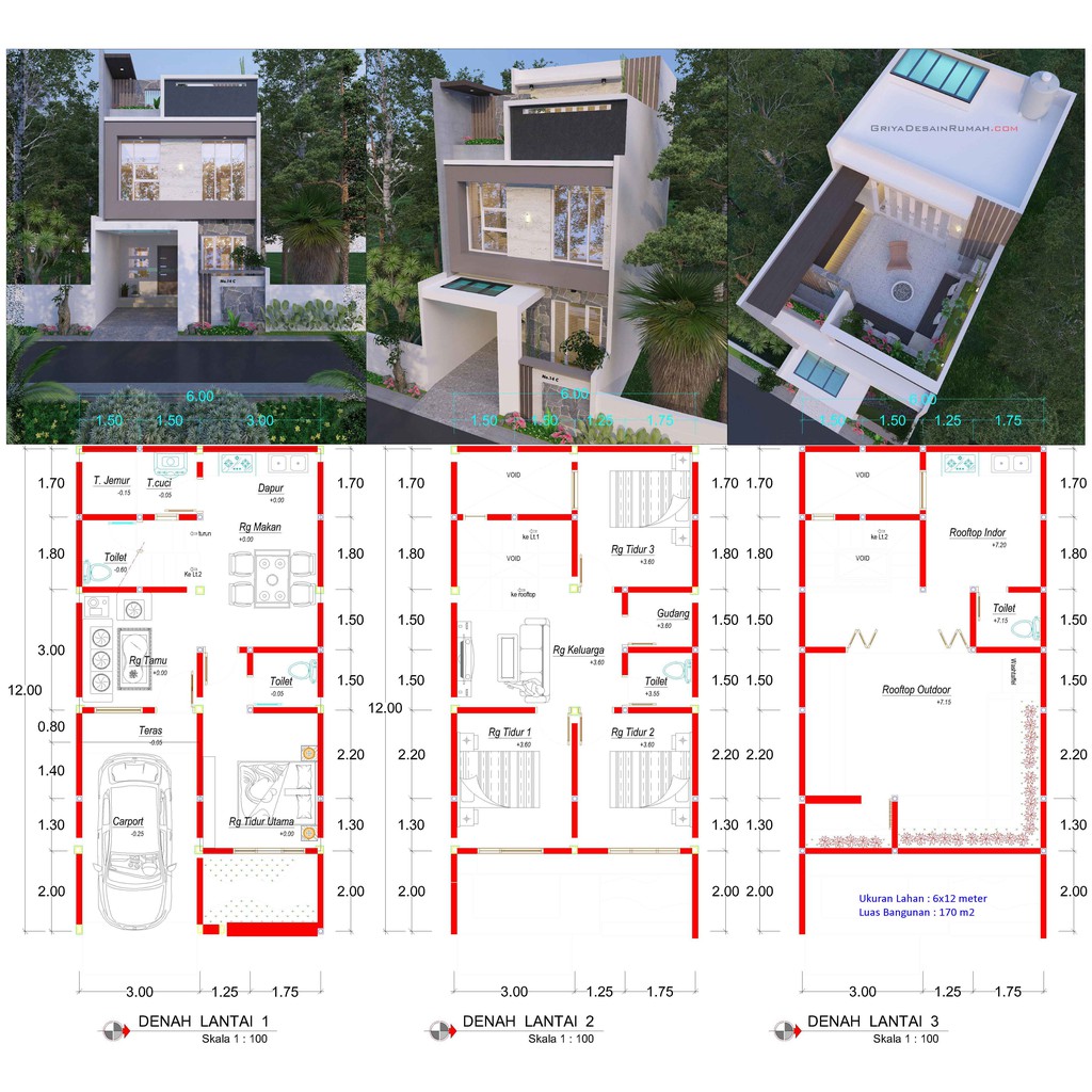 Jual Desain Rumah Minimalis Modern Denah Lebar 6 Meter 3 Lantai Dengan Rooftop Indonesia Shopee Indonesia