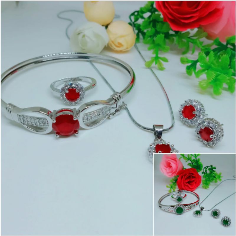 Fourfashion Set Perhiasan Dewasa Motif Batu Permata Bulat Lapis Emas Putih HH065