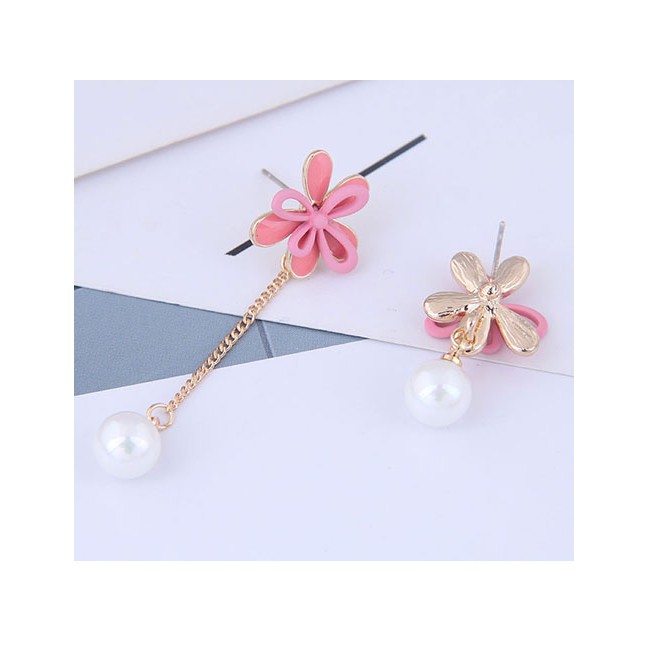 LRC Anting Tusuk Fashion Blue Flower Pearl Asymmetric Stud Earrings A60200
