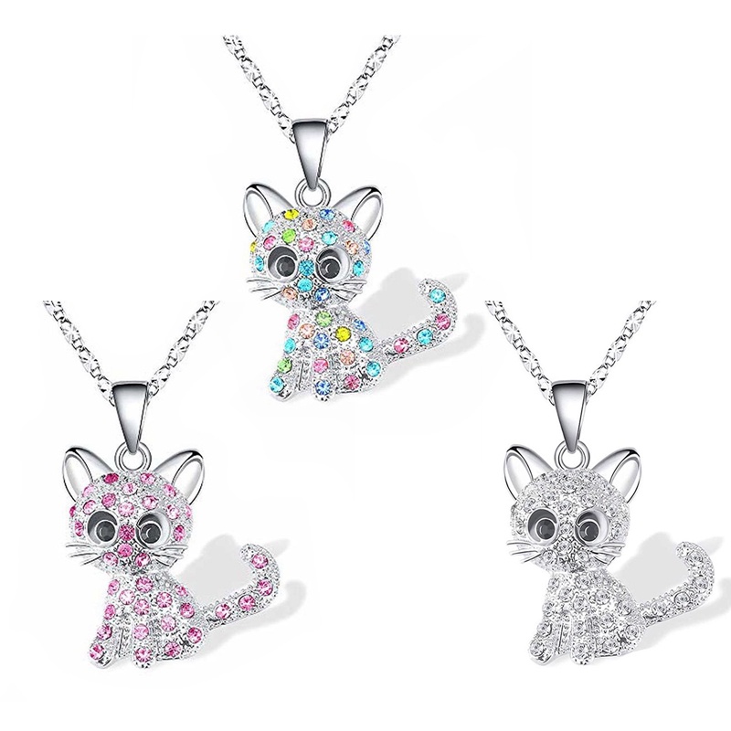 Kalung Rantai Liontin Kucing Hias Berlian Imitasi Mewah Untuk Wanita