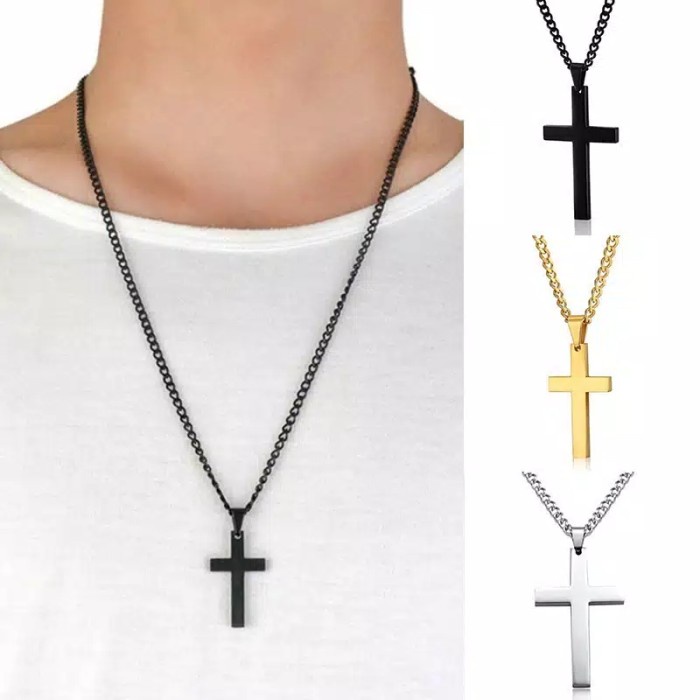 Kalung Salib Gold Silver Black pria wanita gaya korea k pop stainless simple doa Kristen titanium