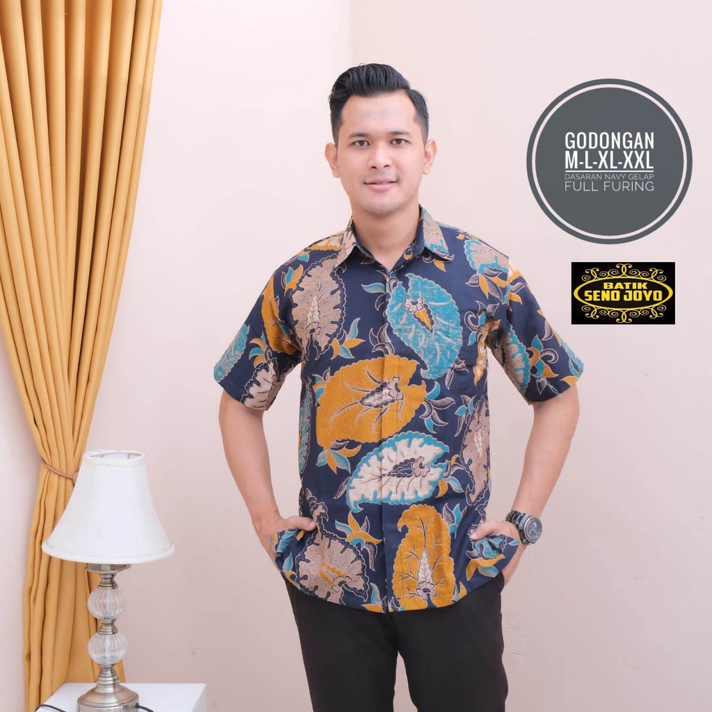 Kemeja batik warna navy lengan pendek terbaru / batik pria kasual warna navy / kemeja batik navy motif daun / hem batik keren / kemeja batik kerja terlaris / batik cowo warna navy /hem batik pendek navy godongan