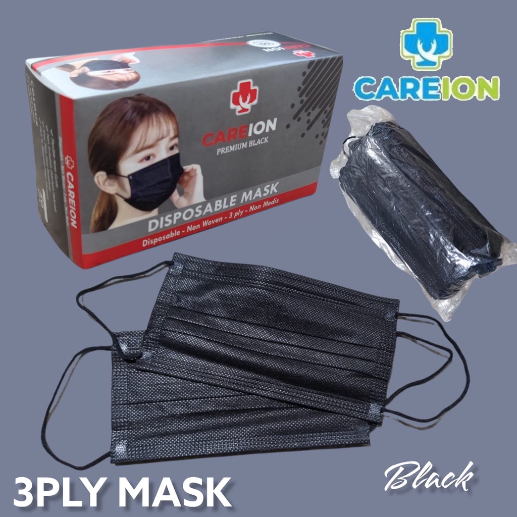 CAREION - MASKER 3PLY BLACK HITAM DISPOSABLE FACE MASK KEMENKES FULL BLACK