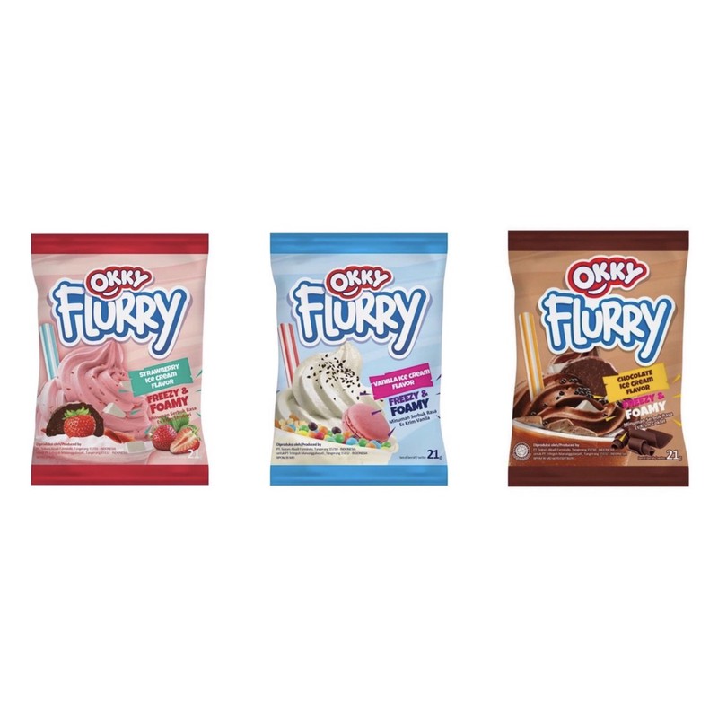 Okky Flurry Freezy & Foamy Minuman Serbuk Rasa Es Krim Coklat, Strawberry, Vanilla 21gr