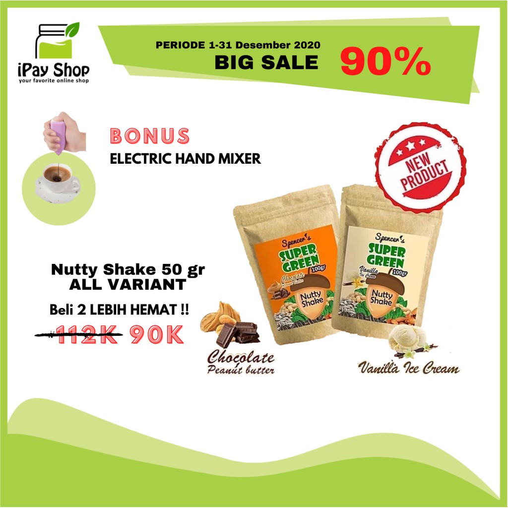 

Spencers SuperGreen Jogja Yogyakarta Nutty Shake Minuman Sehat Tinggi Vitamin E 50gr FREE Hand Mixer