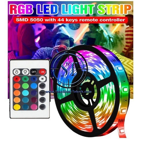 Lampu Led Strip Tempel RGB IP 44 3528 Multi Color Warna Warni Komplit Set Adaptor Remote 5 Meter Siap Pakai