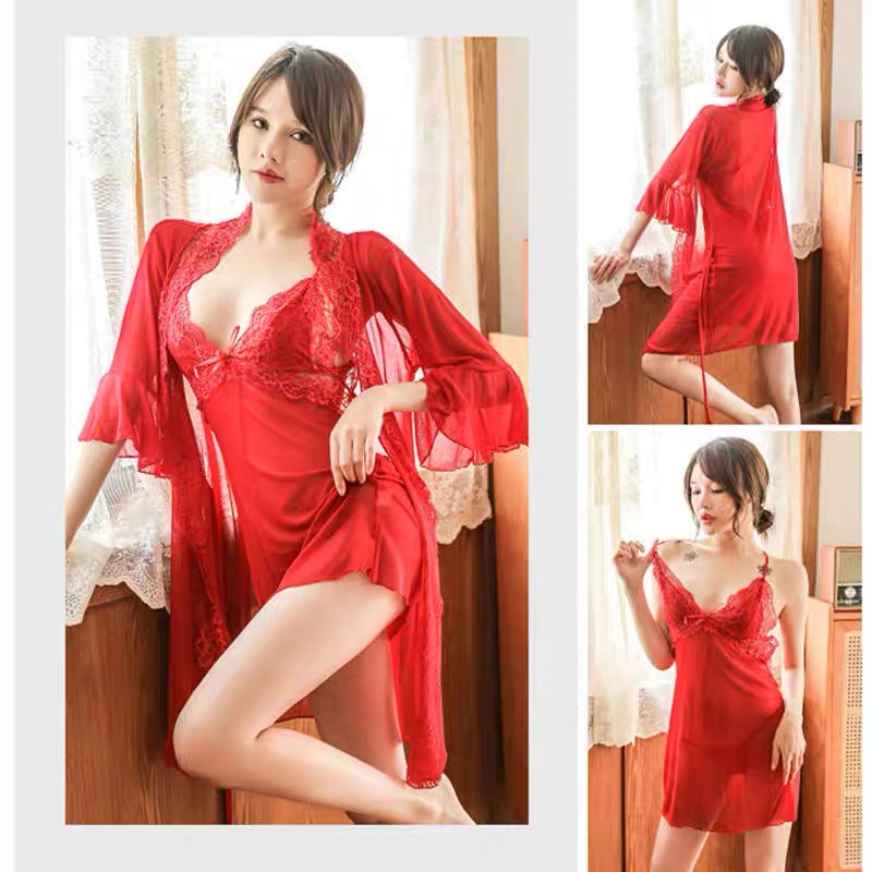 Lingerie Sexy Set Baju tidur Suspender Kimono V-Neck Halter Piyama Ukuran besar 3A253