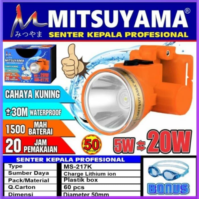 Promo Terbaru!!! Senter Kepala Mitsuyama MS-217k Dengan cahaya kuning tahan hingga 20 jam dan Hemat Energi