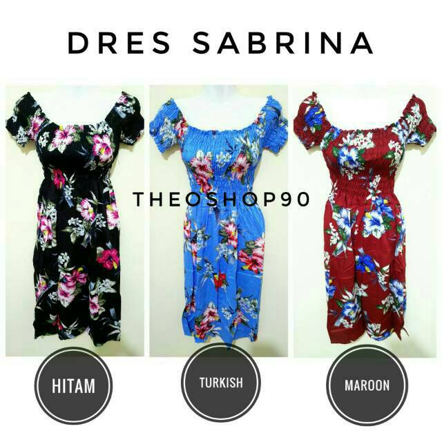 Dress Sabrina Kerut Pendek Motif bunga dan Polos..(Pilih Warna dan Motif)