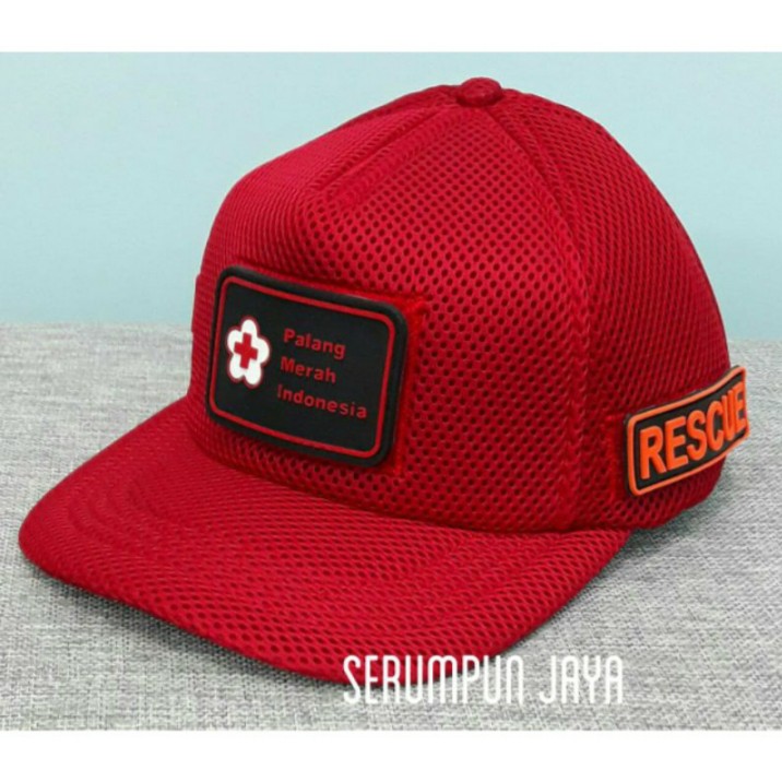 TOPI PMI / TOPI PMI RESCUE 3PATCH  JARING VELCRO MERAH / TOPI PALANG MERAH INDONESIA.
