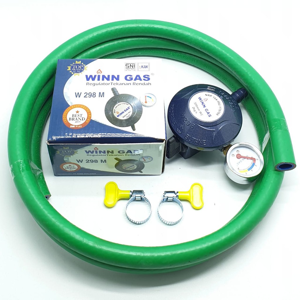 SET Winn Gas W298M Meter + Selang HIJAU 2 Mtr + 2 Klem Kuping / Regulator Gas + Selang Gas