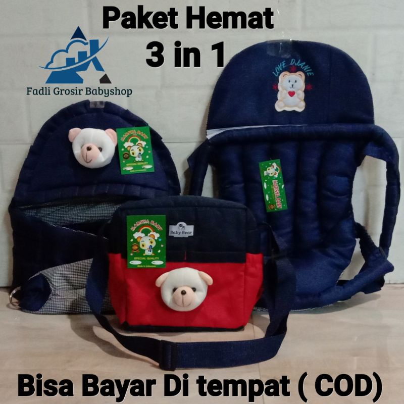 Gendongan Bayi Depan Bordir Tas Bayi Beruang Dan Gendongan Bayi Samping Beruang ( 3 in 1 )