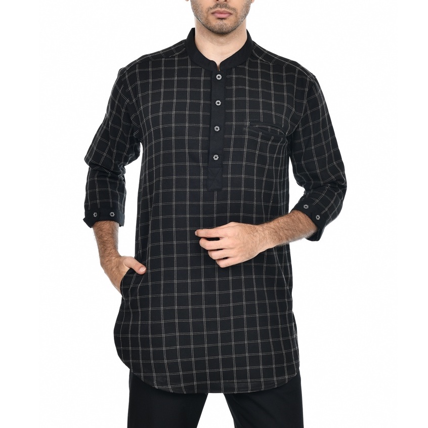 Kemeja Tartan Pria Baju Kotak kotak Kain Semi Wool 3 Saku Kerah Shanghai Lengan 3/4