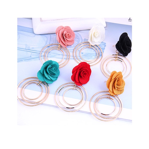 LRC Anting Tusuk Fashion Rose Flower Metal Circle Stud Earrings A63306