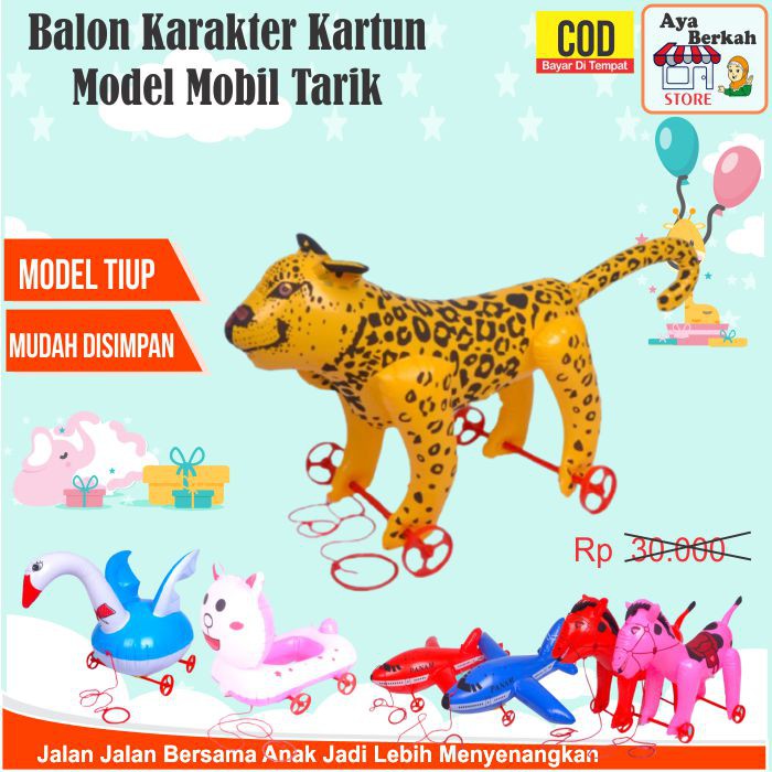 Mainan Anak balon tiup pvc karakter hewan kartun model mobil mobilan tayo tali tarik murah