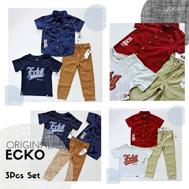 SETELAN ANAK LAKI LAKI 3PCS ORIGINAL ECKO IMPORT BRANDED KEMEJA CELANA CHINOS DAN KAOS TSHIRT PREMIUM BAJU LEBARAN