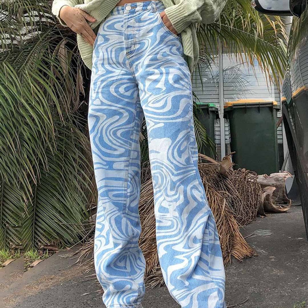 Autumn Fashion Women's Zebra Stripe Straight Jeans High Waist Streetwear Vintage Straight Pants Boyf