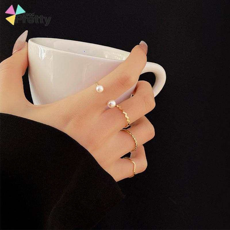 4 Pcs/set Korea Cincin Emas Untuk Wanita Sederhana Mutiara Elegan Cincin Set Dapat Disesuaikan Terbuka Perhiasan Hadiah - PD