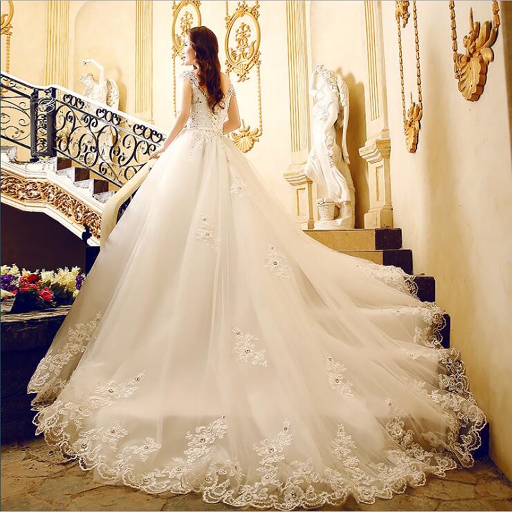 Long Tail Wedding Dress White Women Bridal Ball Gown Dress