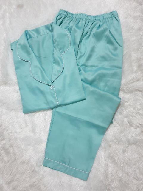Baju Tidur Piyama Pajamas Wanita/Cewek Satin Silky Velvet Cantik Simple Wanita Dewasa Full Kancing-CP MINT