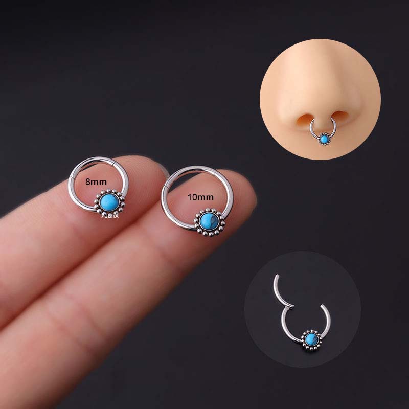 1pc Anting Hoop Tindik Hidung Bahan Stainless Steel Dengan Turquoise