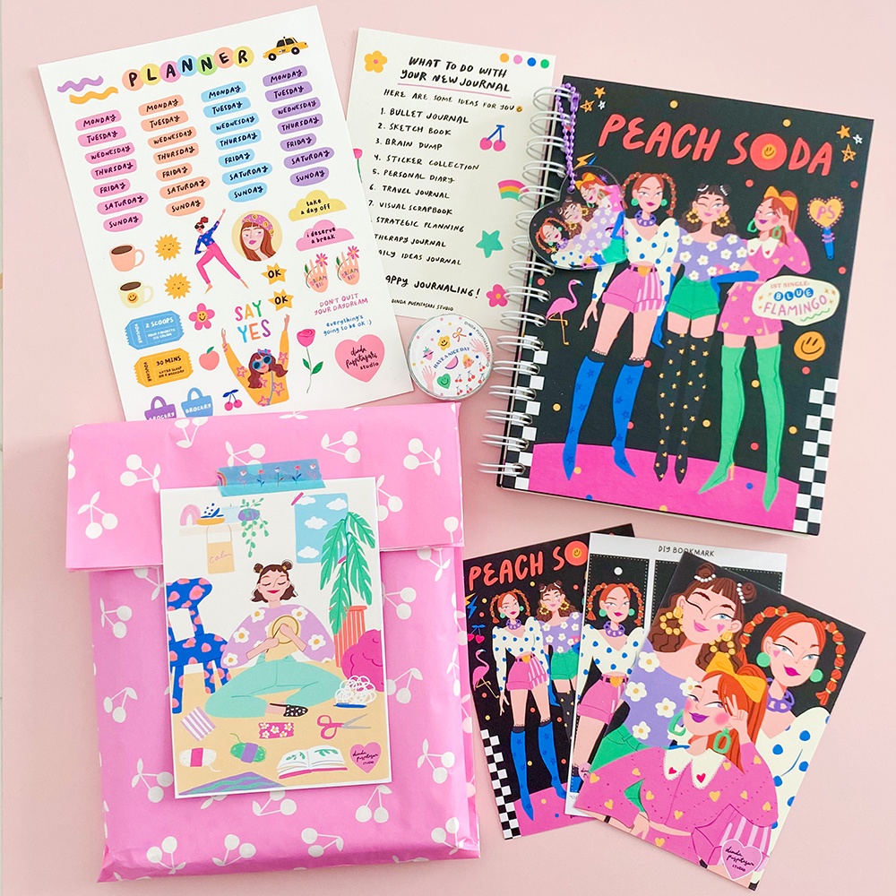 

Peach Soda Journal with Stickers, Washi Tape & Keychain