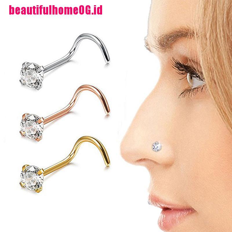 1pc Cincin Tindik Hidung Bahan Stainless Steel Hias Kristal