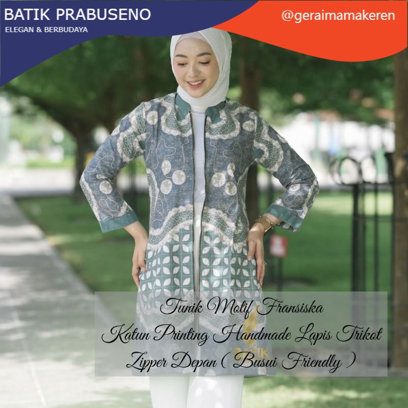 FRANSISKA Atasan batik wanita lengan panjang resleting depan lapis trikot bahan katun adem motif uni