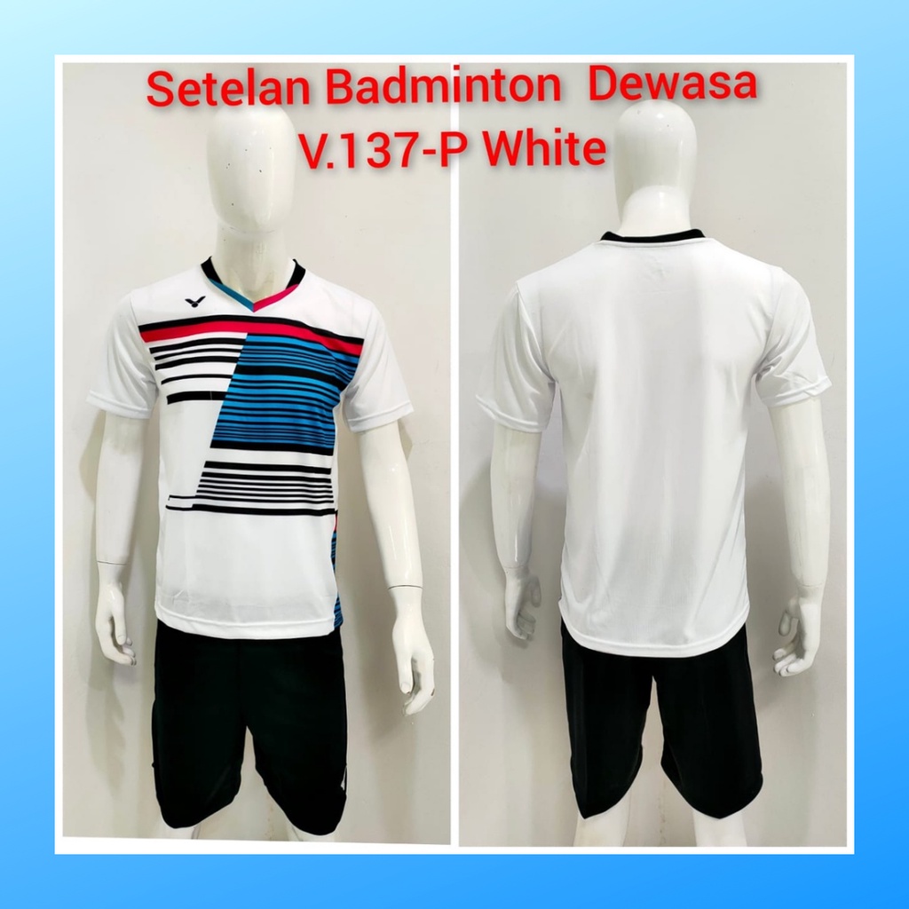 Kaos bulutangkis pria baju badminton dan celana jersey setelan wanita dewasa t-shirt outfit seragam jarsey kostum olahraga pakaian apparel sport jersy bulu tangkis casual jersi sudirman cup suit V137 putih polos