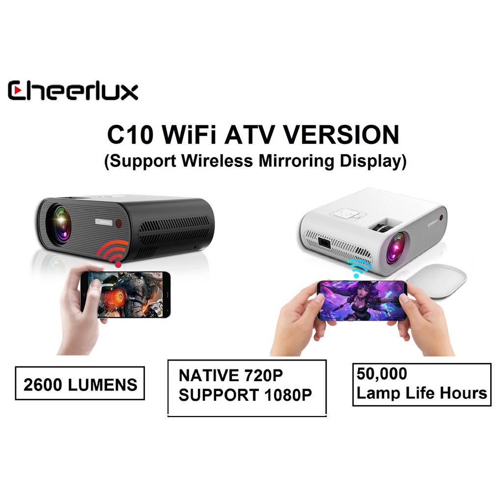 CHEERLUX C10 WiFi ATV - Projector 720P 2600 Lumens - Support 1080P - Built-in Anycast Mirroring