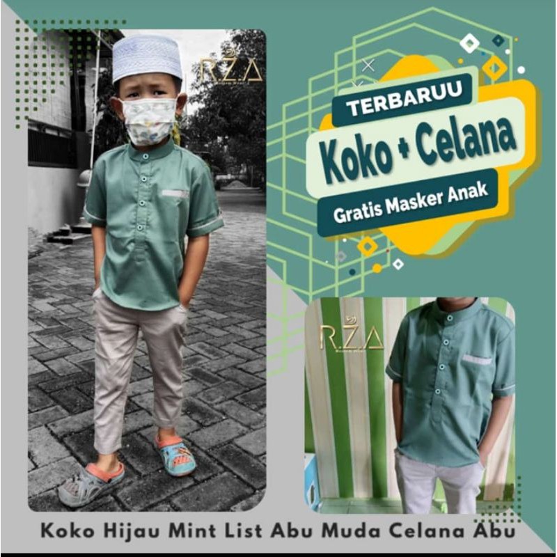 SETELAN KOKO PLUS CELANA WARNA HIJAU MINT LIST ABU MUDA DAN CELANA ABU FREE MASKER ANAK