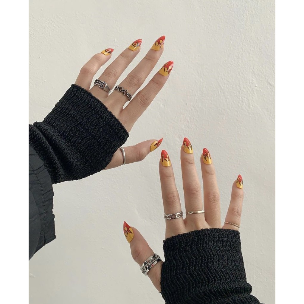 24 pcs kuku palsu + lem set / fake nails tahan air motif api natural with glue