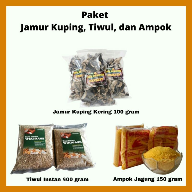 

Paket Tiwul Ampok Jagung Instan Wikioase Jamur Kuping Kering Murah