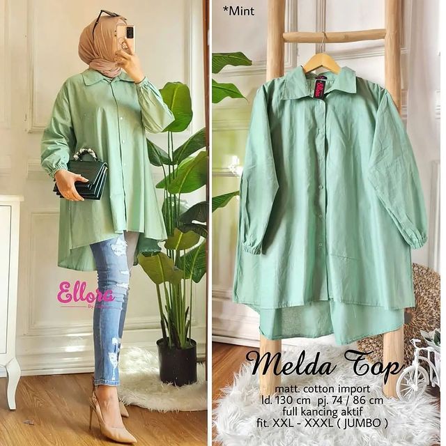 Melda Top Kemeja Oversize Lengan Panjang Korean Style Bahan Katun Paris Jumbo 4XL