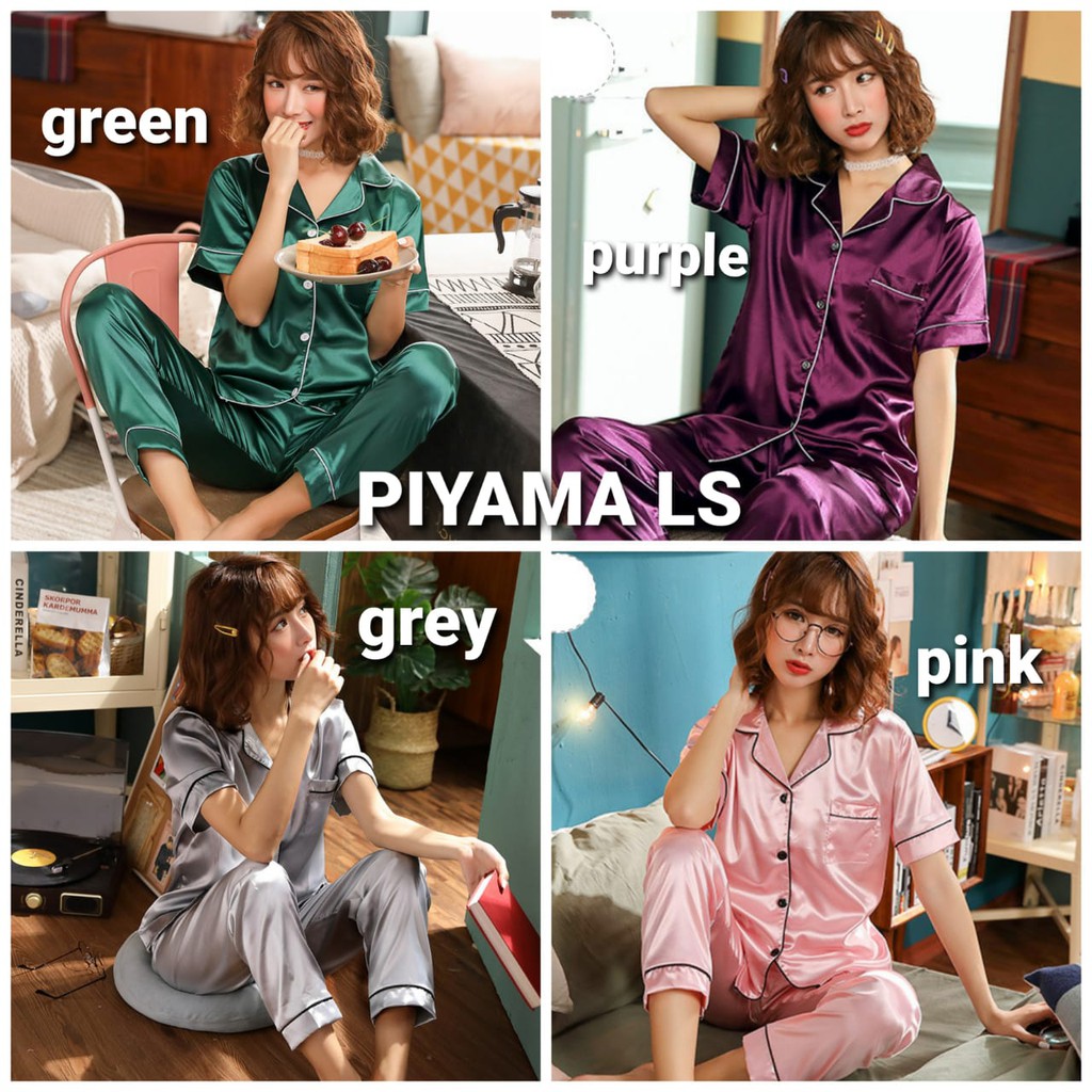 PIYAMA LS IMPORT / baju tidur satin wanita impor / piyama kancing depan ukuran jumbo / setelan korea