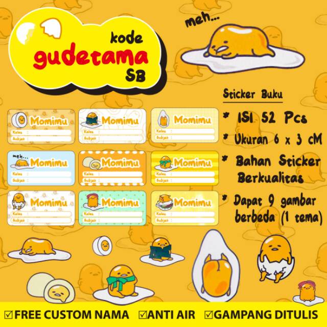 

Stiker/Sticker/Label Buku Pelajaran Anak/Remaja Custom Motif Gudetama