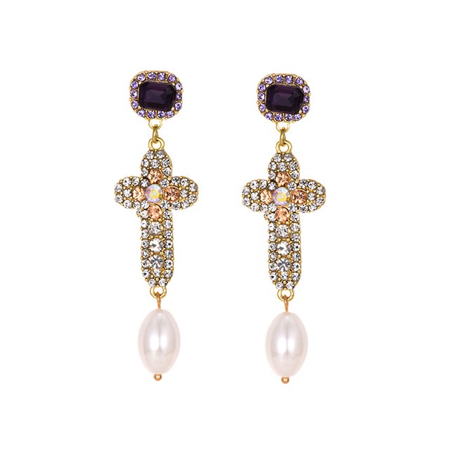 LRC Anting Tusuk Fashion Purple Alloy Diamond Cross Pearl Earrings F91337
