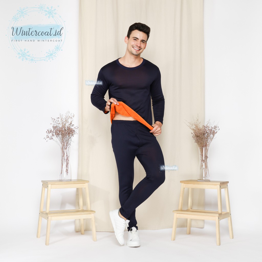 Premium 1 set Longjohn Winter Pria / Wanita thermal underwear long john musim dingin-Navy (Pria)