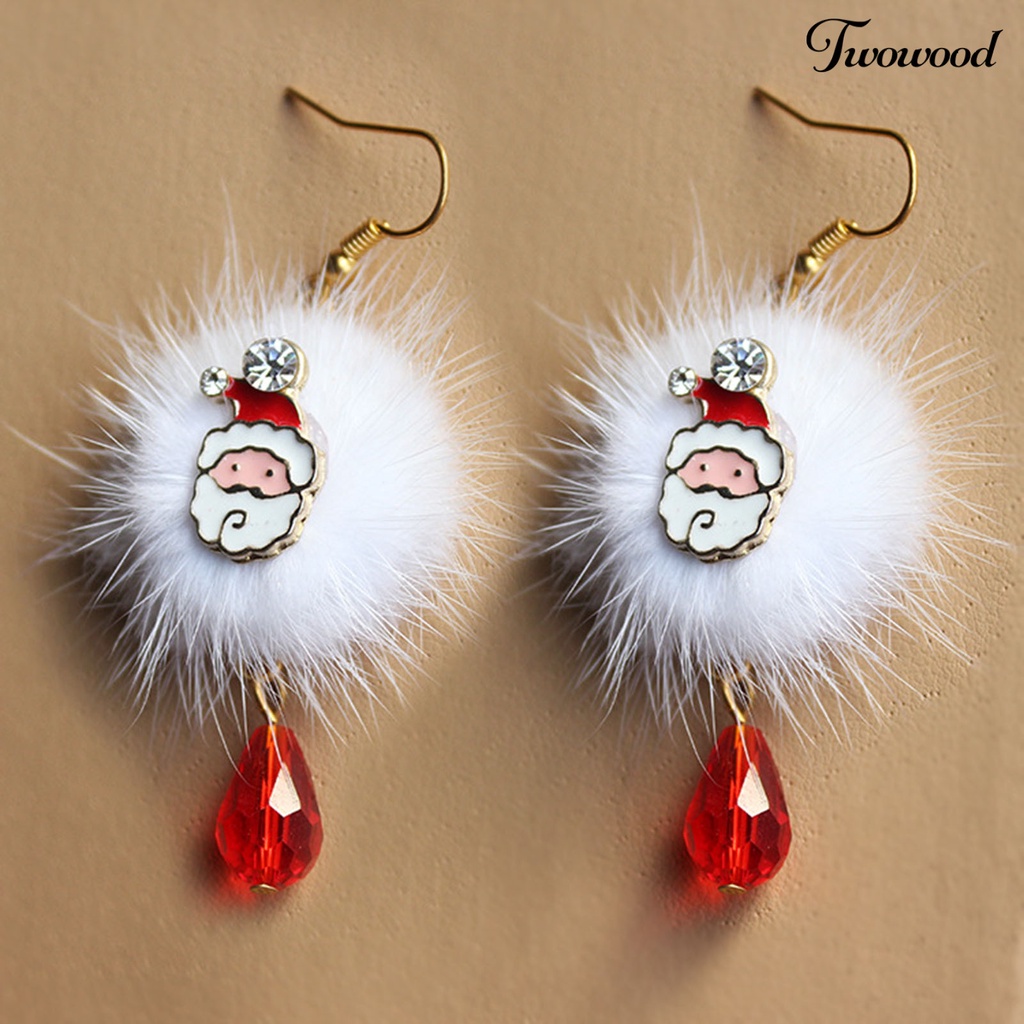Twowood 1 Pair White Plush Ball Red Rhinestone Xmas Earrings Alloy Santa Claus Elk Pendant Hook Earrings Fashion Jewelry