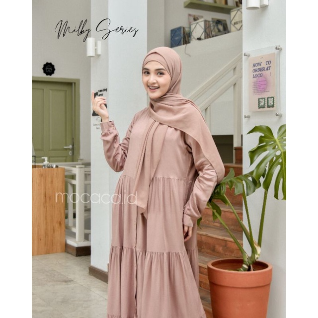 Dress Polo Lady katun Rayon Twill Premium busui wudhu friendly full kancing jumbo cokelat caramel