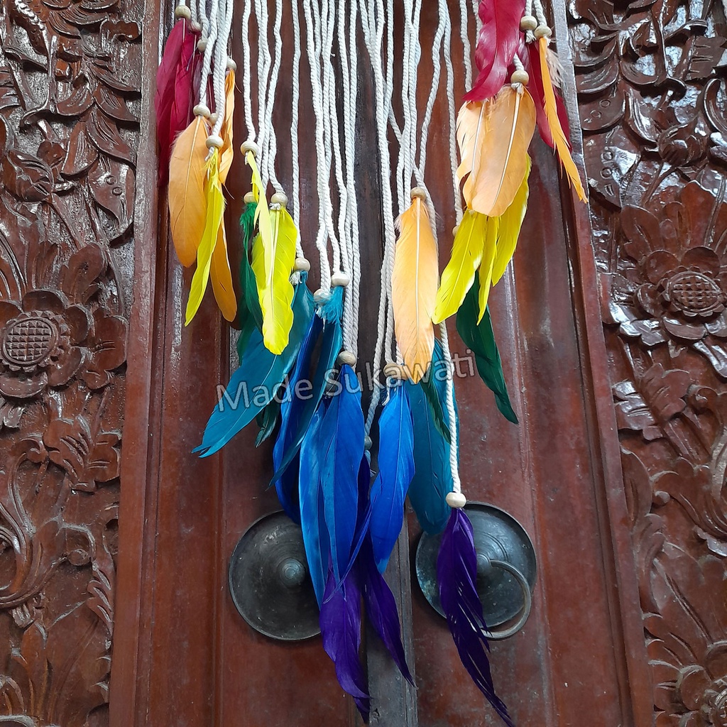 Dream catcher jaring sulam diameter 27cm variasi bola pohon bulu Rainbow